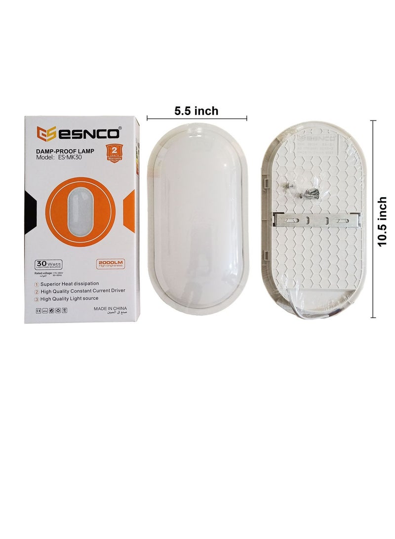 ESNCO ضوء جدار دائري مسطح LED بقوة 30 واط مع حافة بيضاء - 8000 كلفن IP65 مثالي للاستخدام الداخلي والخارجي، الحمام، المكتب، الممر، الممرات، المرافق، الحديقة، الفناء، إلخ - Image 2