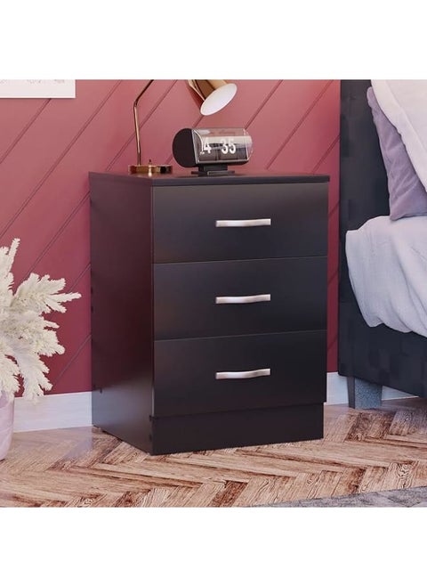 Large Black 3-Drawer Bedside Cabinet – Modern Chest with Metal Handles and Anti-Bowing Support for Bedroom Storage.