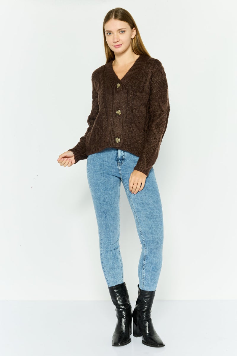 DEX Women V-Neck Crochet Cardigan, Brown  - Image 3