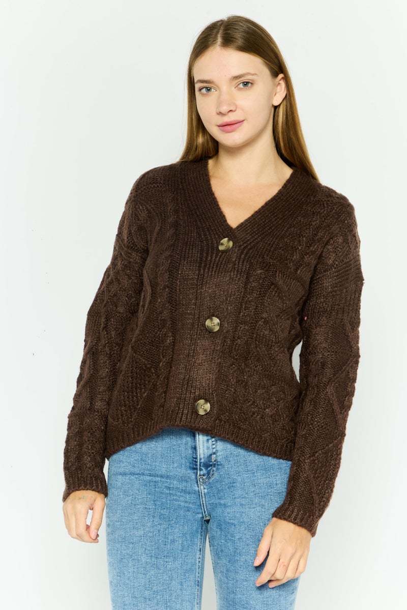 DEX Women V-Neck Crochet Cardigan, Brown  - Image 1