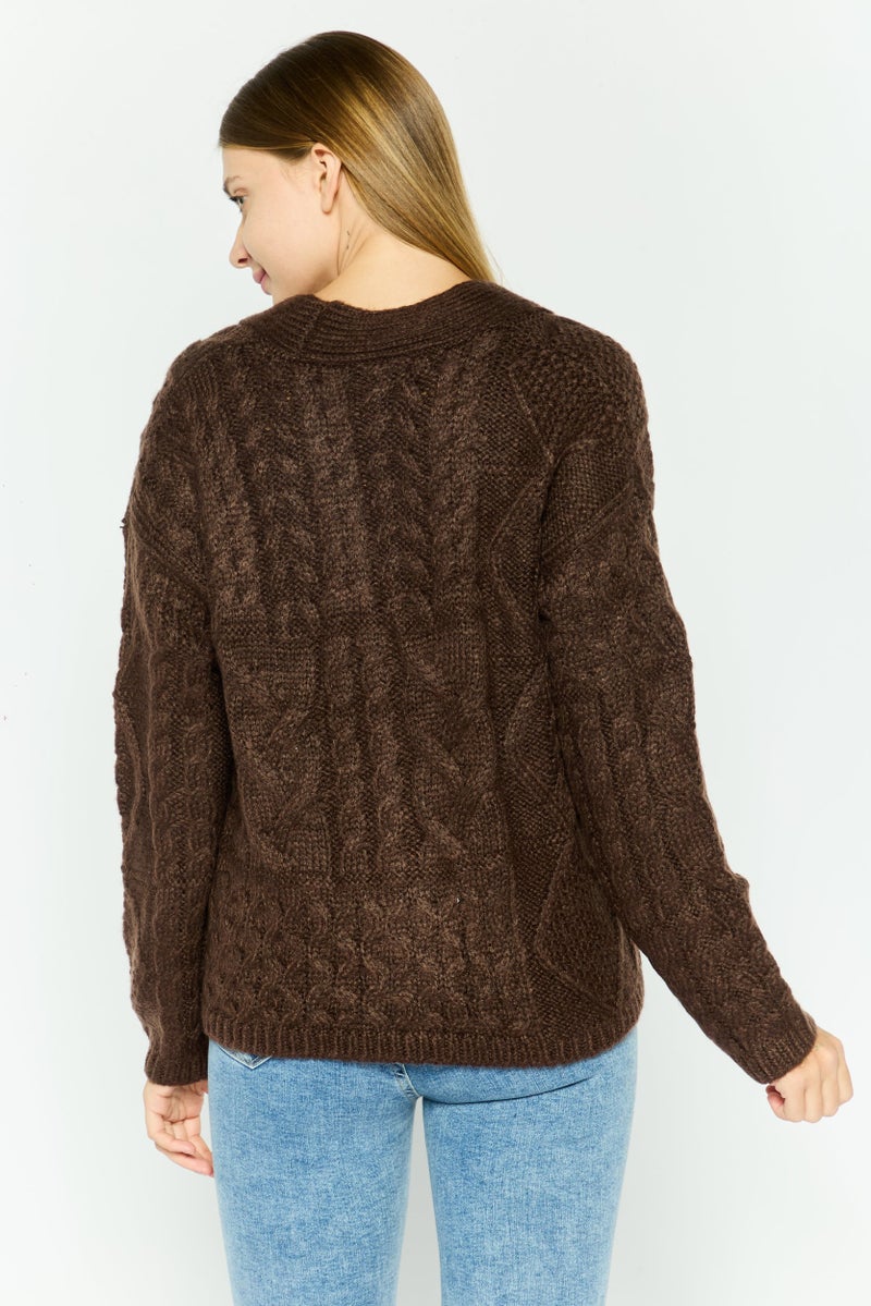 DEX Women V-Neck Crochet Cardigan, Brown - Image 2