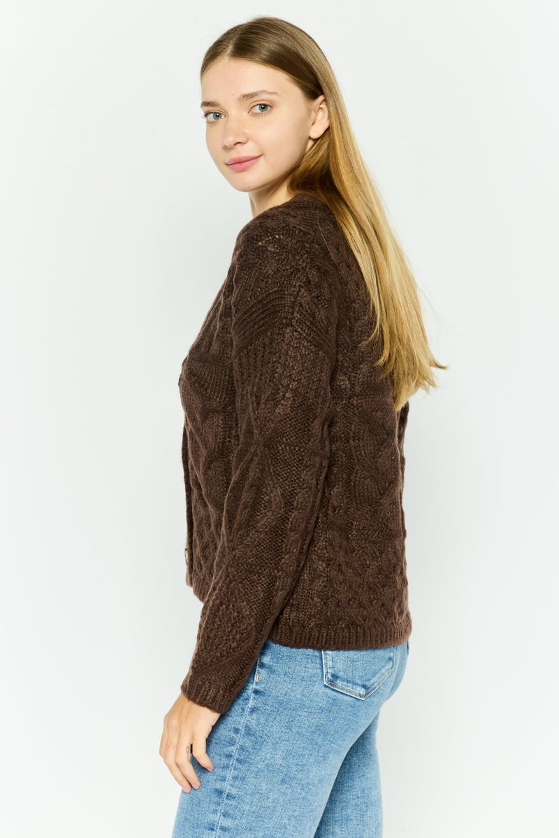 DEX Women V-Neck Crochet Cardigan, Brown - Image 4