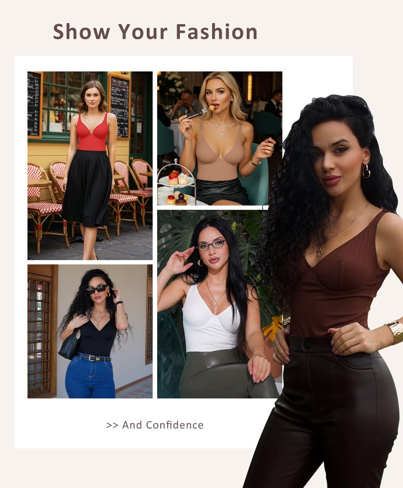 FeelinGirl Shapewear Bodysuits for Women Tummy Control Body Suits Deep V Neck Corset Body Shaper Tops Black XXL - Image 2