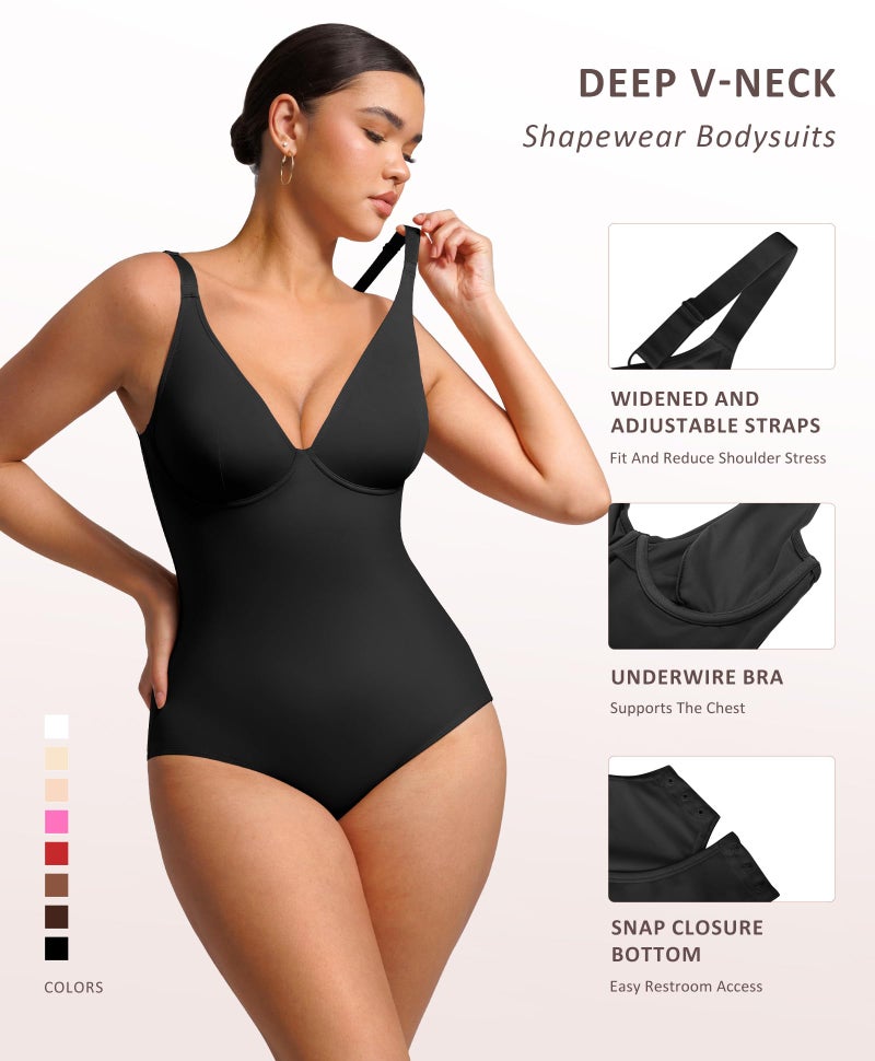 FeelinGirl Shapewear Bodysuits for Women Tummy Control Body Suits Deep V Neck Corset Body Shaper Tops Black XXL - Image 3