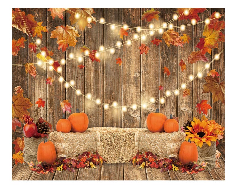 Funnytree 10x8FT Fall Pumpkin Photography Backdrop Autumn Tanksgiving Harvest Hay Leaves Wooden Background Sunflower Maple Baby Shower Banner Decoration Party Supplies Photo Booth Prop