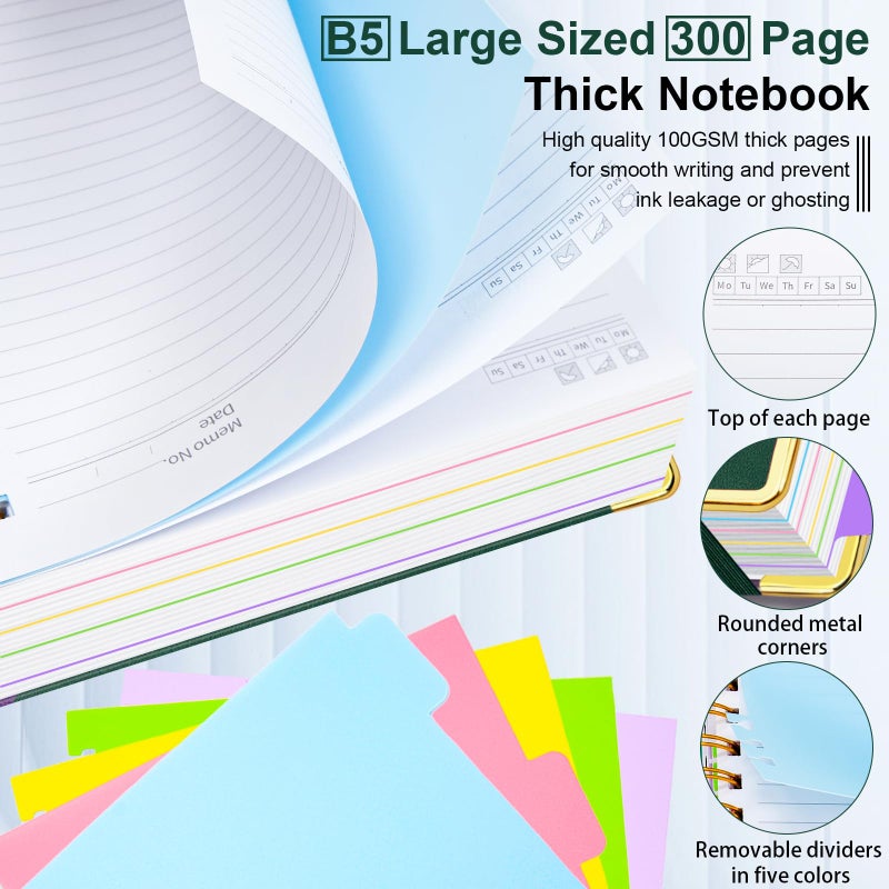 GDGDSY Hardcover Spiral Notebook 8"x10" Journal Notebook with Tabs and Removable Dividers 300 Pages 5 Subject Notebook College Ruled, Faux Leather Spiral Bound Notebook for Women School Work (Green) - Image 4