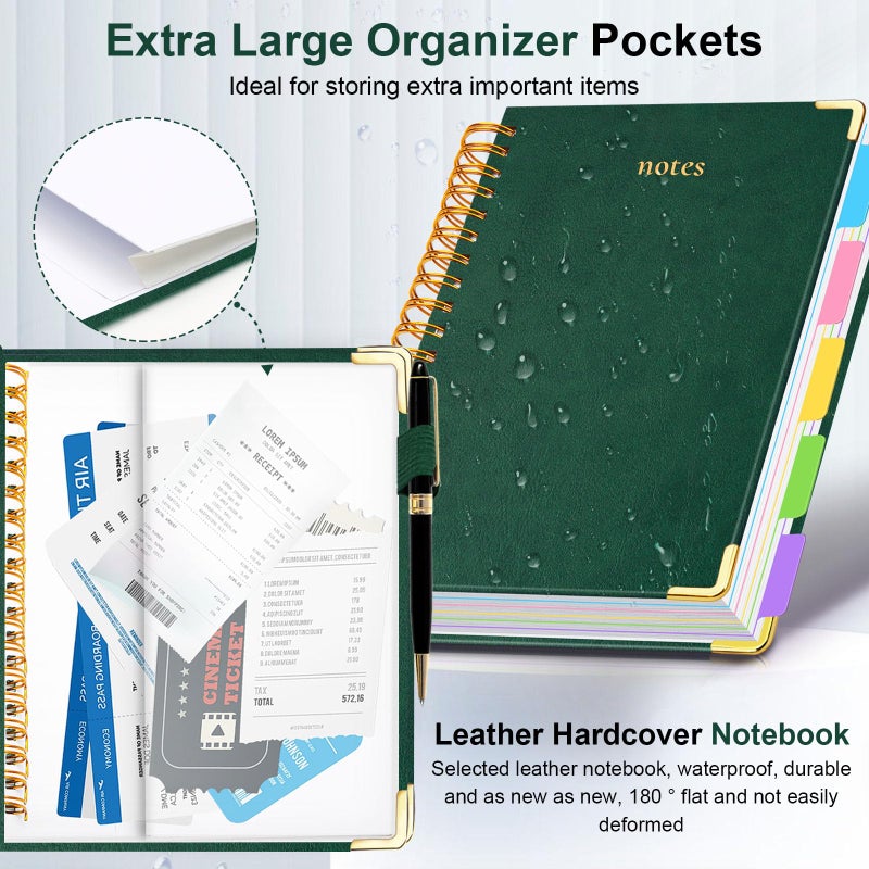 GDGDSY Hardcover Spiral Notebook 8"x10" Journal Notebook with Tabs and Removable Dividers 300 Pages 5 Subject Notebook College Ruled, Faux Leather Spiral Bound Notebook for Women School Work (Green) - Image 2