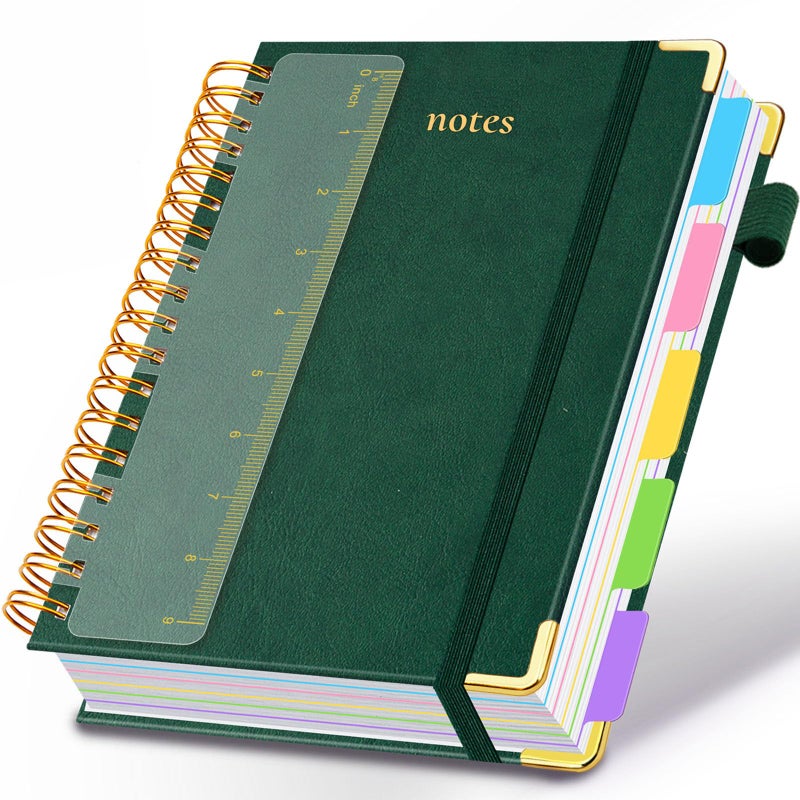 GDGDSY Hardcover Spiral Notebook 8"x10" Journal Notebook with Tabs and Removable Dividers 300 Pages 5 Subject Notebook College Ruled, Faux Leather Spiral Bound Notebook for Women School Work (Green) - Image 1