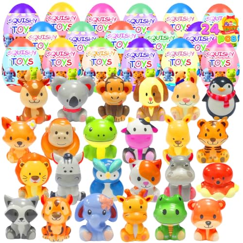 Cherislpy 24 Pack Prefilled Easter Eggs with Animal Squishy Toys Slow Squeeze Toys for Kids Girls Boys Easter Basket Stuffers Party Favors Gifts Easter Egg Fillers - Image 1