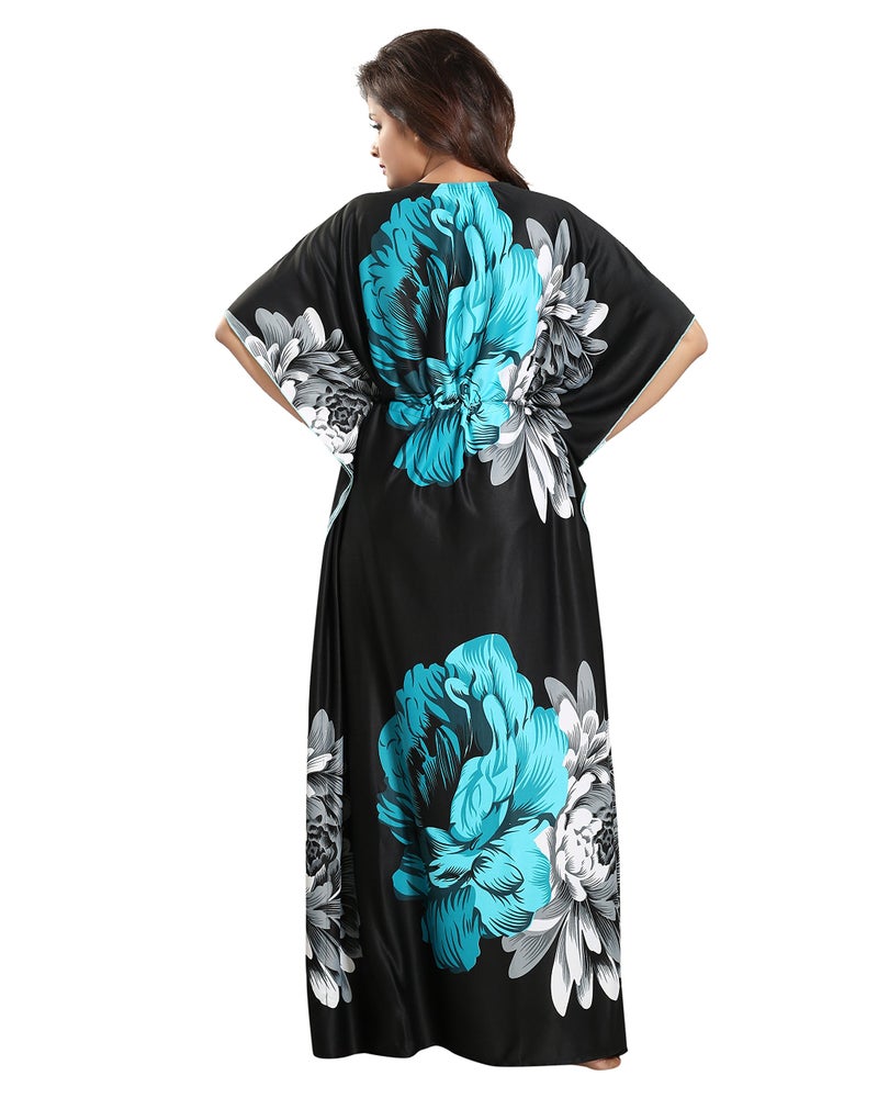 Noty Store Noty Women's Kaftan Nighty | Serena Fabric | Floral Print Maxi | Short Sleeves | V Shaped Neck (XXXX-Large, Green & Black) - Image 4
