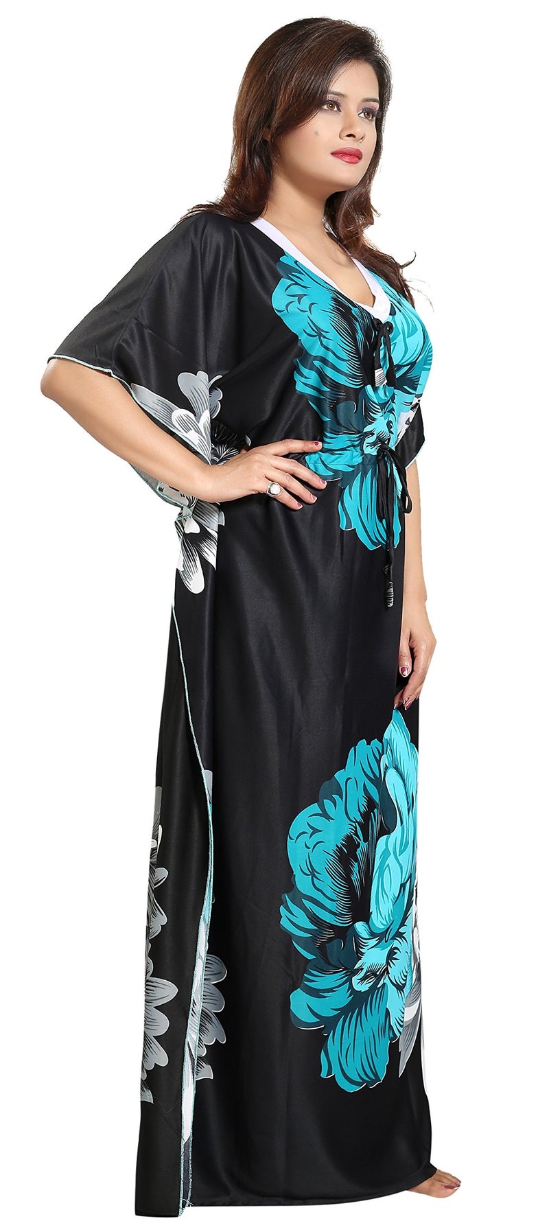 Noty Store Noty Women's Kaftan Nighty | Serena Fabric | Floral Print Maxi | Short Sleeves | V Shaped Neck (XXXX-Large, Green & Black) - Image 3