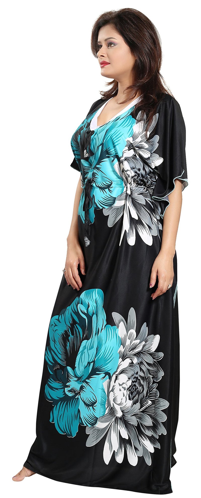 Noty Store Noty Women's Kaftan Nighty | Serena Fabric | Floral Print Maxi | Short Sleeves | V Shaped Neck (XXXX-Large, Green & Black) - Image 2