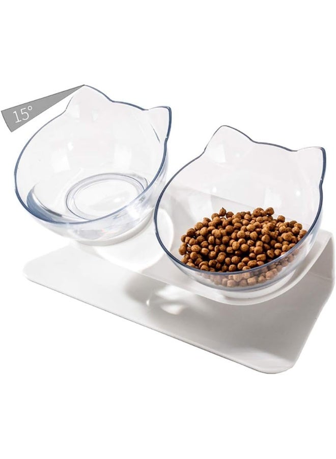 Mumoobear وعاء طعام مرتفع للقطط مع حامل، مائل بزاوية 15° للقطط والهريرات، ارتفاع قابل للتعديل، مضاد للتقيؤ، وعاءين، بلاستيك، أبيض - Image 1