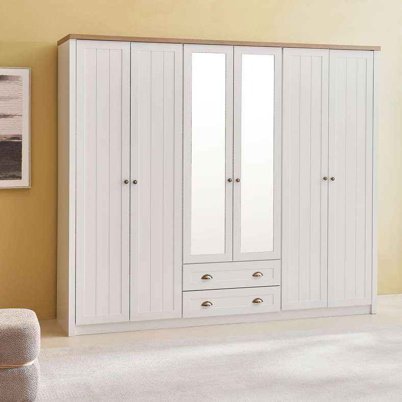 Pan Home خزانة بيضاء بـ 6 أبواب مع مرآة - Image 1