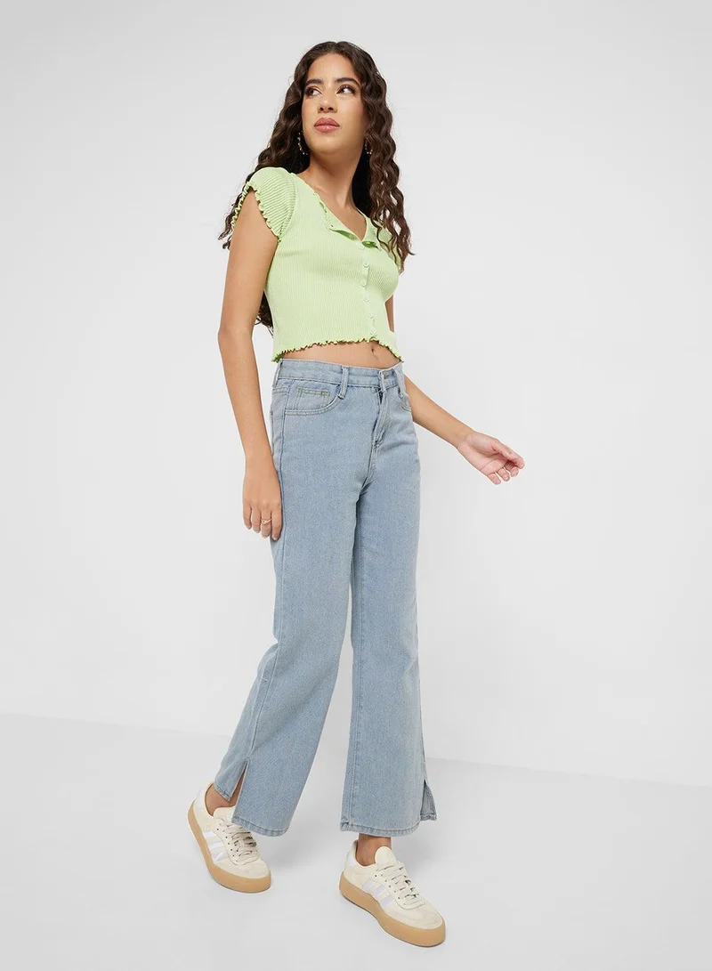 Bleached Straight Fit Jeans with Side Slit