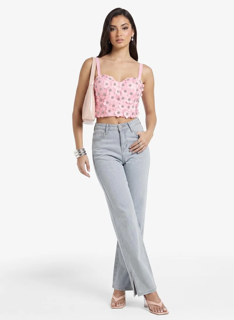 Bleached Straight Fit Jeans with Side Slit