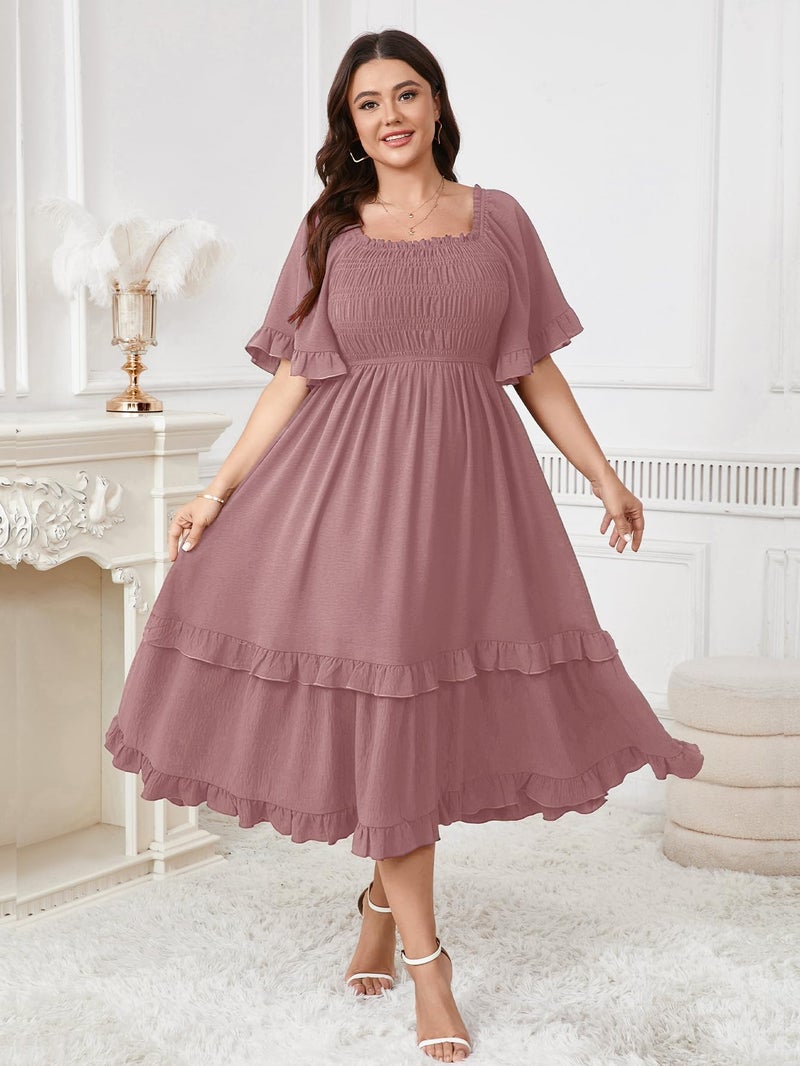 SCOMCHIC Women's Plus Size Maxi Dresses Summer Short Sleeve Square Neck Smocked Wedding Guest Cocktail Boho Long Dress Pink - Image 3