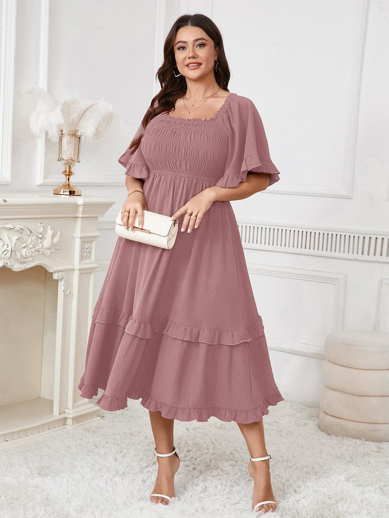 SCOMCHIC Women's Plus Size Maxi Dresses Summer Short Sleeve Square Neck Smocked Wedding Guest Cocktail Boho Long Dress Pink - Image 5