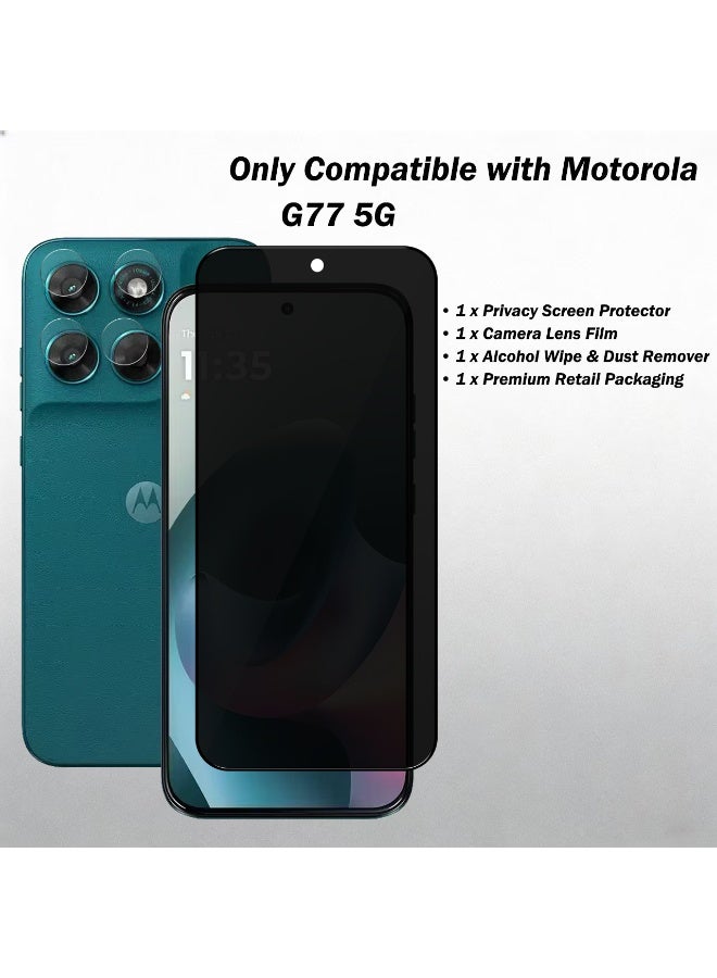 ويكدو مجموعة 2 في 1 لهاتف Motorola G77 5G: واقي شاشة زجاجي مقوى ممتاز لحماية الخصوصية - تتضمن عبوة واحدة لواقي الشاشة الأمامي (للحماية من التطفل) وعبوة واحدة لفيلم حماية عدسة الكاميرا؛ بصلابة 9H، ومزايا مقاومة بصمات الأصابع والتحطم، وتركيب سهل وخالٍ من الفقاعات. - Image 2