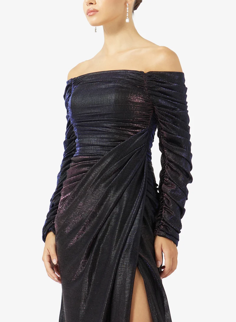 Akadia Fashion  PLEATED OFF SHOULDER LAME DRESS for Women | Best Price UAE