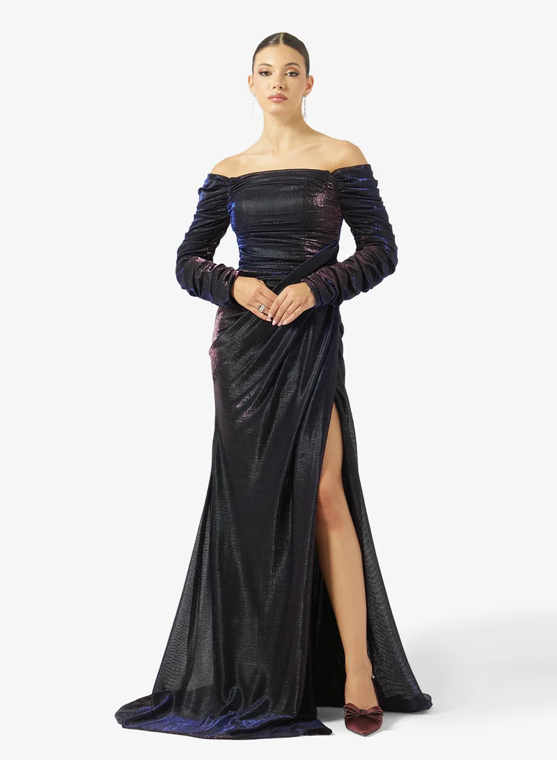 Akadia Fashion PLEATED OFF SHOULDER LAME DRESS