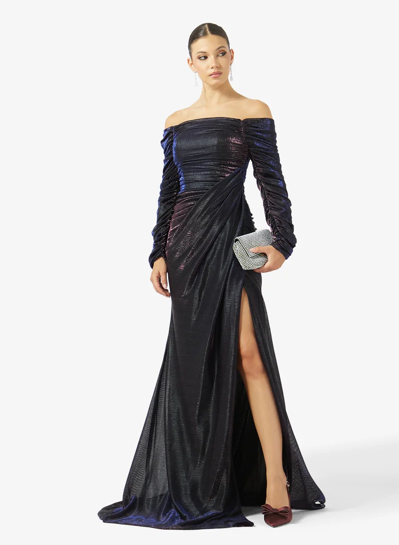 Akadia Fashion  PLEATED OFF SHOULDER LAME DRESS for Women | Best Price UAE