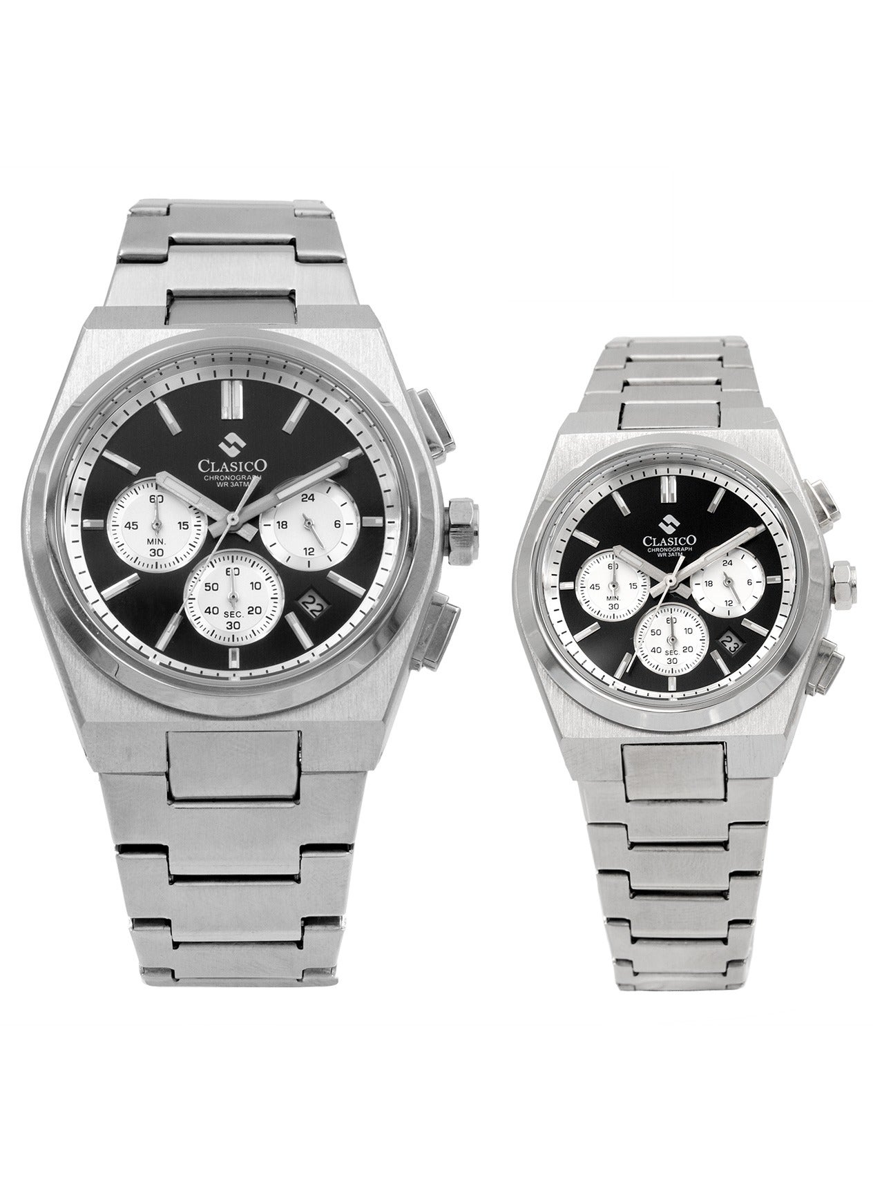 Eclipse Couple Edition – Silver Radiance with Black Detailing – 6-Hands Chronograph Watch with Steel Strap – Waterproof Design – Watch Gift Set 40mm & 32mm