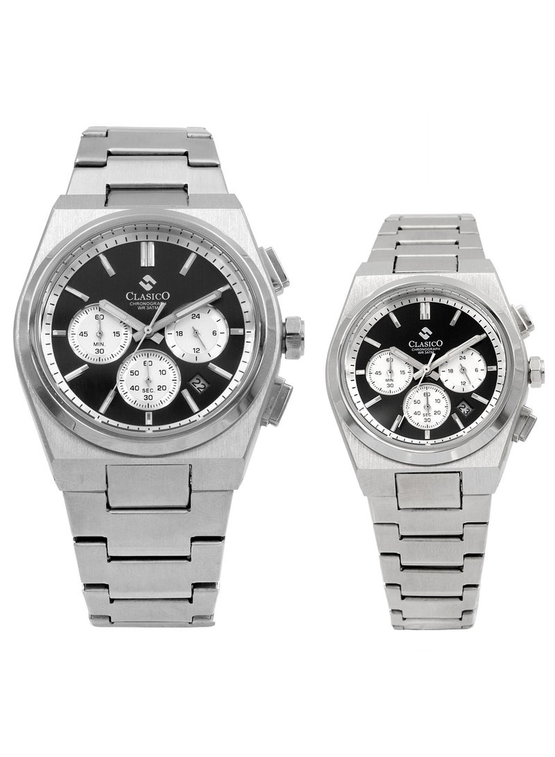 Clasico Eclipse Couple Edition – Silver Radiance with Black Detailing – 6-Hands Chronograph Watch with Steel Strap – Waterproof Design – Watch Gift Set 40mm & 32mm - Image 1