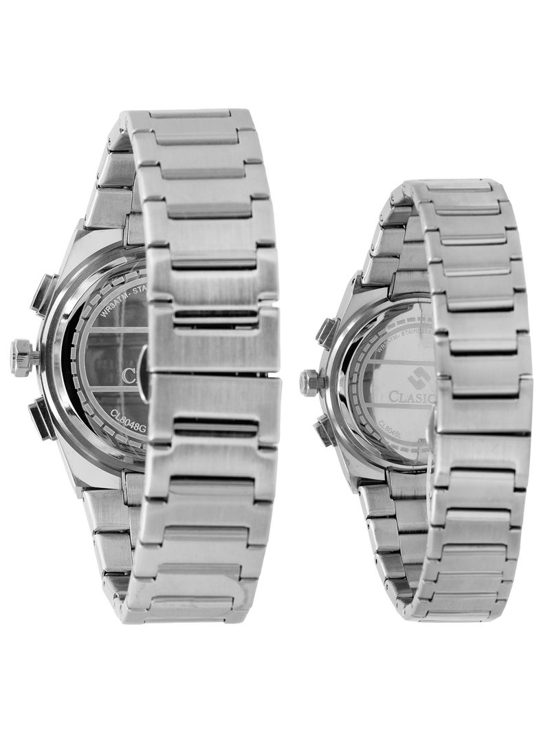 Clasico Eclipse Couple Edition – Silver Radiance with Black Detailing – 6-Hands Chronograph Watch with Steel Strap – Waterproof Design – Watch Gift Set 40mm & 32mm - Image 2