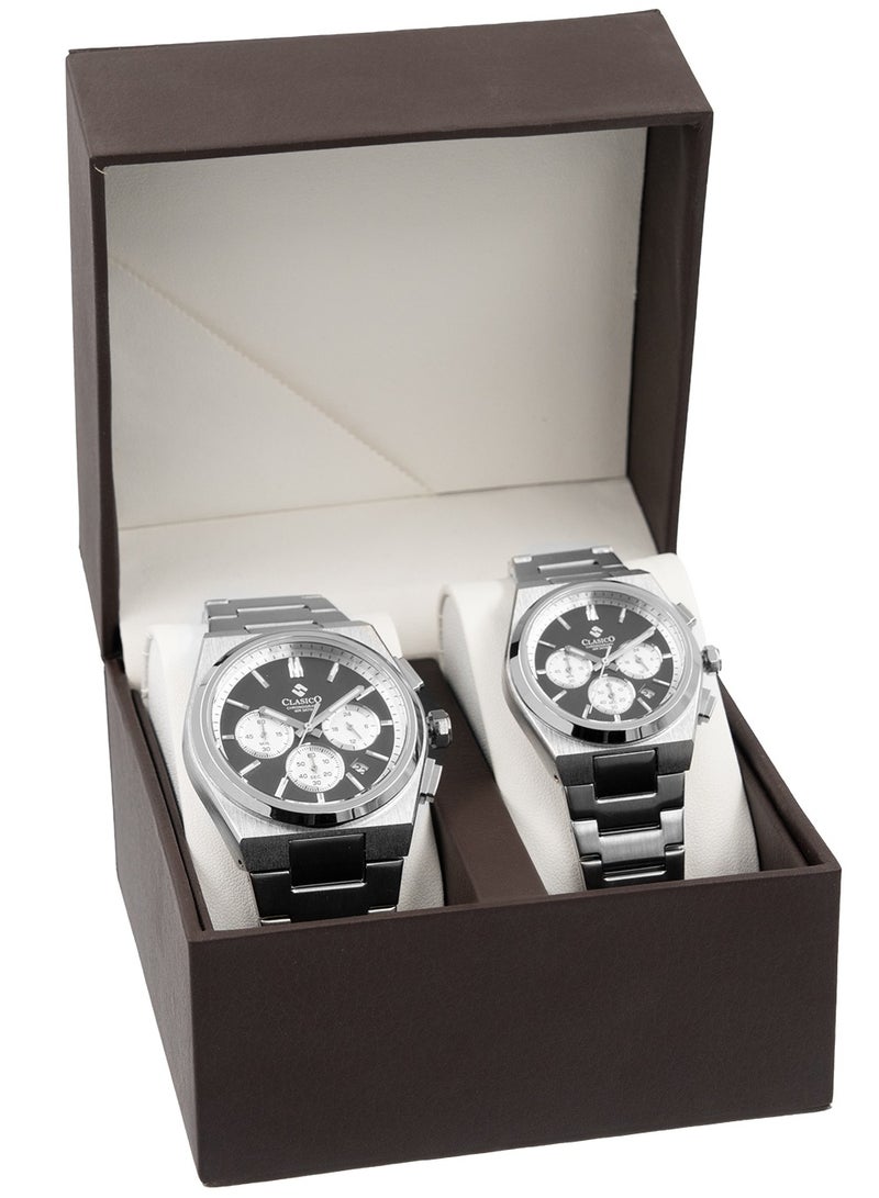 Clasico Eclipse Couple Edition – Silver Radiance with Black Detailing – 6-Hands Chronograph Watch with Steel Strap – Waterproof Design – Watch Gift Set 40mm & 32mm - Image 3