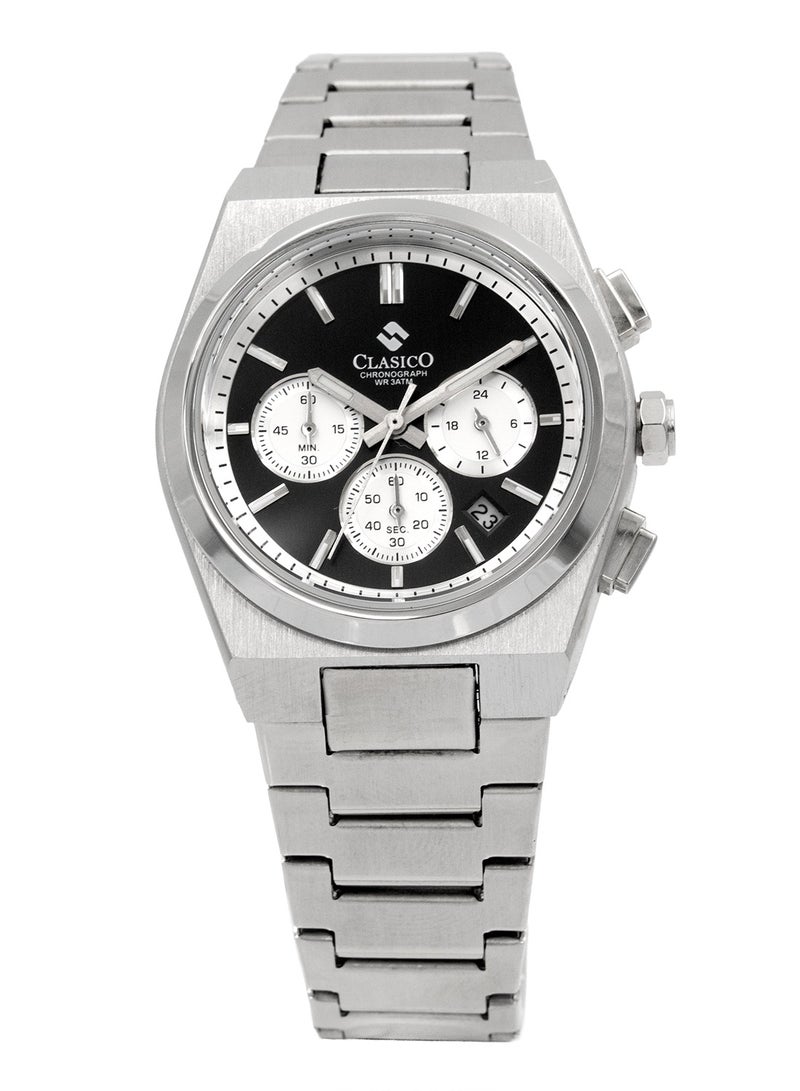 Clasico Eclipse Couple Edition – Silver Radiance with Black Detailing – 6-Hands Chronograph Watch with Steel Strap – Waterproof Design – Watch Gift Set 40mm & 32mm - Image 4