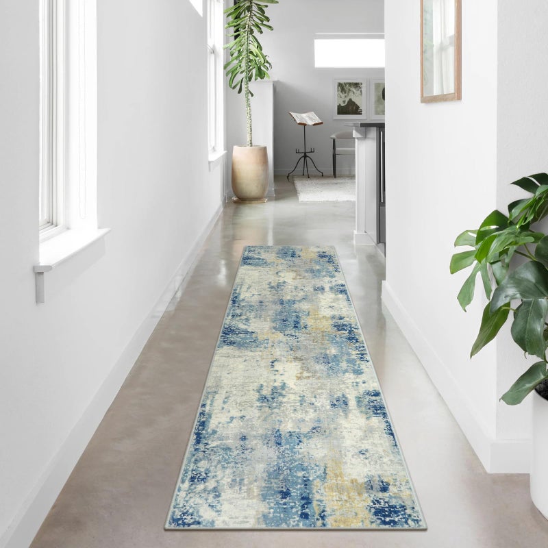 La Home Lahome Modern Abstract Rug Runners for Hallways Non Slip 2x7 Carpet Runner Rug for Kitchen Non Skid Washable Soft Floor Mat for Bathroom Bedside Entrance RV BlueYellowIvory
