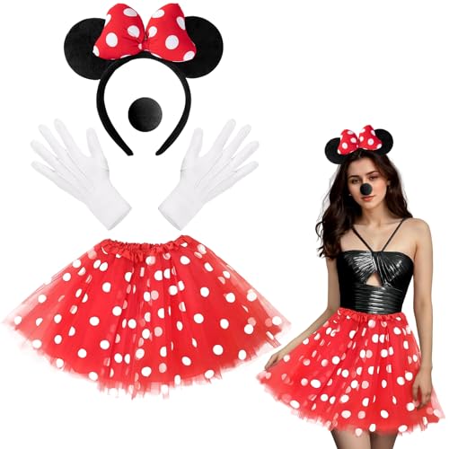 Takmor 4PCS Mouse Costume Accessories, Ear Headband 4 Layers Red Polka Dot Tutu Women Mouse Costume Adult Black Nose for Halloween Christmas Dress Up - Image 1