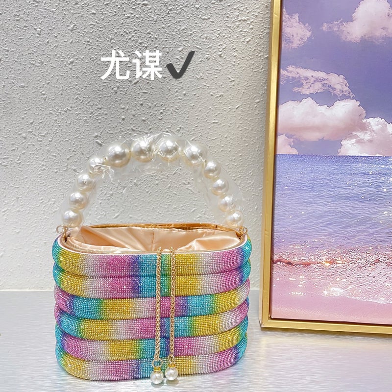 Black And White Color Matching Shiny Diamond Basket Bucket Bag Banquet Bird Cage Drawstring Rhinestone Hand Messenger Bag For Women - Image 1
