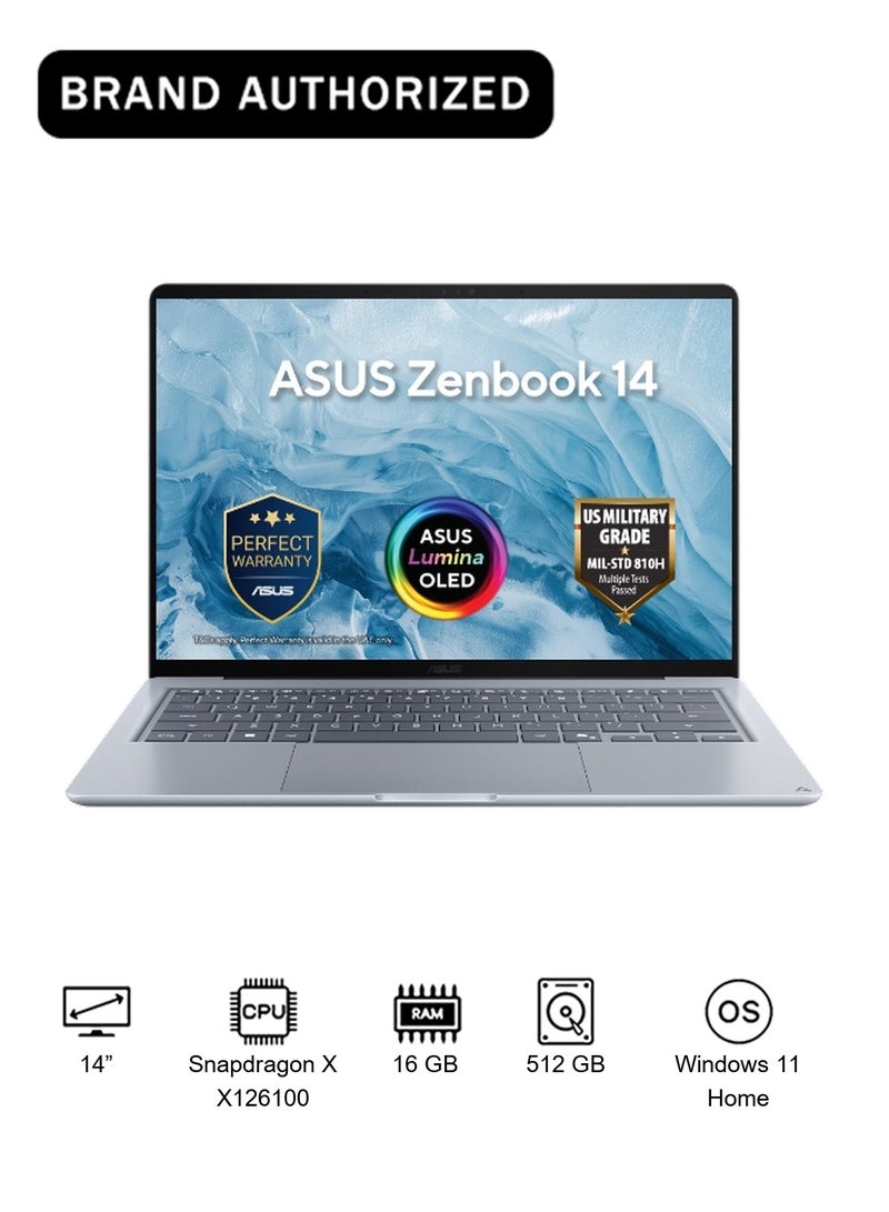 أسوس Zenbook 14 Laptop With 14-Inch Display, Snapdragon X  X126100 Processor/16GB RAM/512GB SSD/Windows 11 Home English Arctic Blue - Image 1