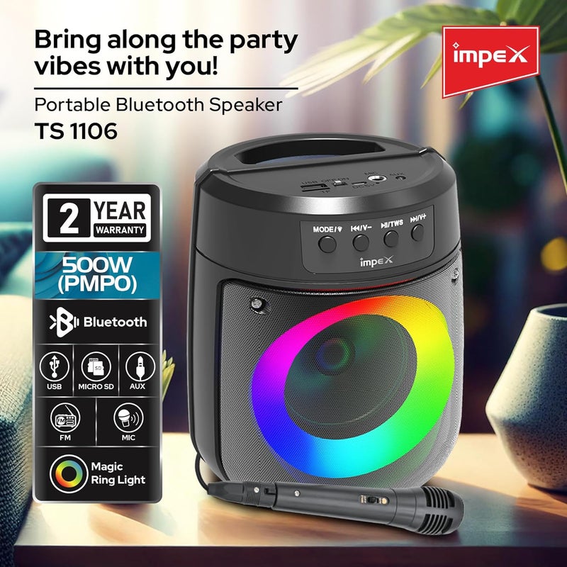 Impex Portable Bluetooth Speaker, 500W PMPO, 4" Wireless Speaker with Magic Ring Light, 1200mAhBattery, Bluetooth 5.1, USB/Micro SD/AUX/FM/MIC/TWS, Type-C Charging,Wired Mic,10m Range, Black - TS 1106 - Image 2