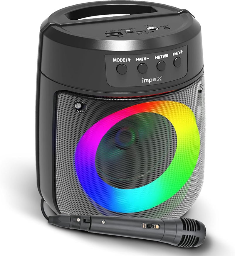 Impex Portable Bluetooth Speaker, 500W PMPO, 4" Wireless Speaker with Magic Ring Light, 1200mAhBattery, Bluetooth 5.1, USB/Micro SD/AUX/FM/MIC/TWS, Type-C Charging,Wired Mic,10m Range, Black - TS 1106 - Image 1