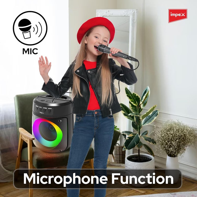 Impex Portable Bluetooth Speaker, 500W PMPO, 4" Wireless Speaker with Magic Ring Light, 1200mAhBattery, Bluetooth 5.1, USB/Micro SD/AUX/FM/MIC/TWS, Type-C Charging,Wired Mic,10m Range, Black - TS 1106 - Image 5