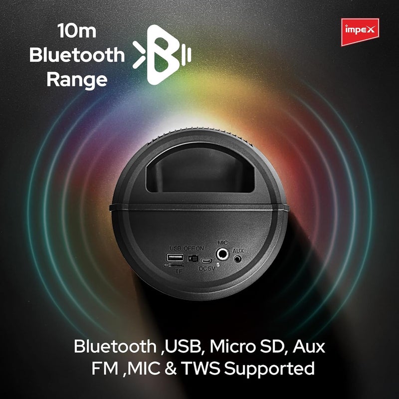 Impex Portable Bluetooth Speaker, 500W PMPO, 4" Wireless Speaker with Magic Ring Light, 1200mAhBattery, Bluetooth 5.1, USB/Micro SD/AUX/FM/MIC/TWS, Type-C Charging,Wired Mic,10m Range, Black - TS 1106 - Image 4