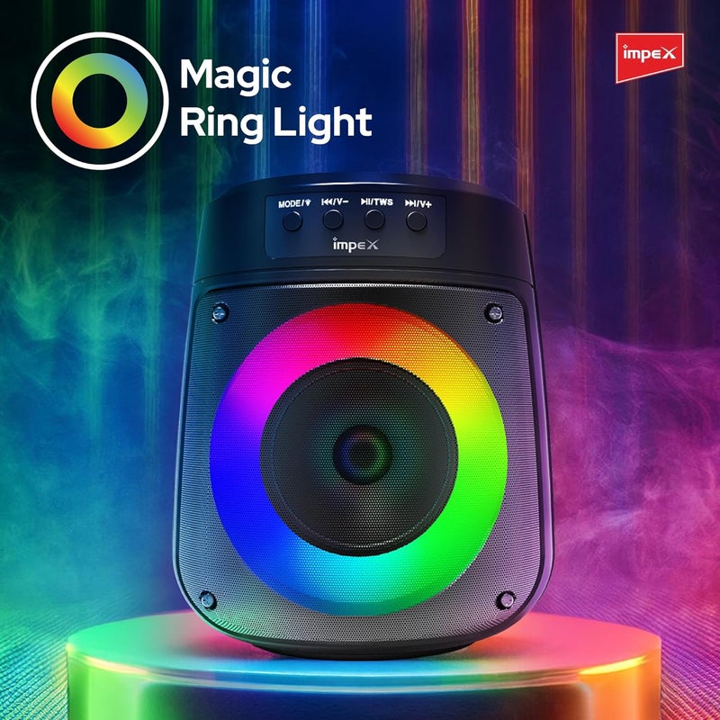 Impex Portable Bluetooth Speaker, 500W PMPO, 4" Wireless Speaker with Magic Ring Light, 1200mAhBattery, Bluetooth 5.1, USB/Micro SD/AUX/FM/MIC/TWS, Type-C Charging,Wired Mic,10m Range, Black - TS 1106 - Image 3