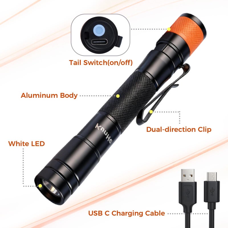KunHe 180 Lumen LED Portable Rechargeable Pen Flashlight 2-Pack Waterproof Pocket Flash Light Single Mode Easy to Use with Clip Suitable for Inspection Camping and Daily Use Men's Christmas Gifts - Image 4