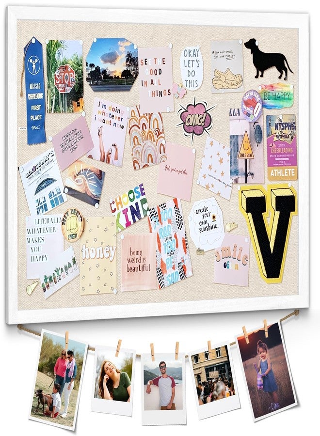 Emfogo Large Bulletin Board 23x18inch with Linen Rope Cork Boards Wall Decor Picture Framed Display Board Hanging Pin Board Vision Board Bulletin Cork Board for School Office Room Home Vintage White - Image 1