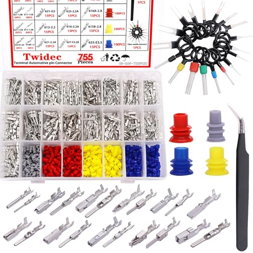 Twidec/755PCS Car Electrical Wire Terminal Pins Connector Kit 21Type 1/1.5/1.8/2.2/2.8/3.5mm Auto Electric Connector Pins Terminal Non-Insulated Plug Removal Male Female Crimp Pins - Image 1