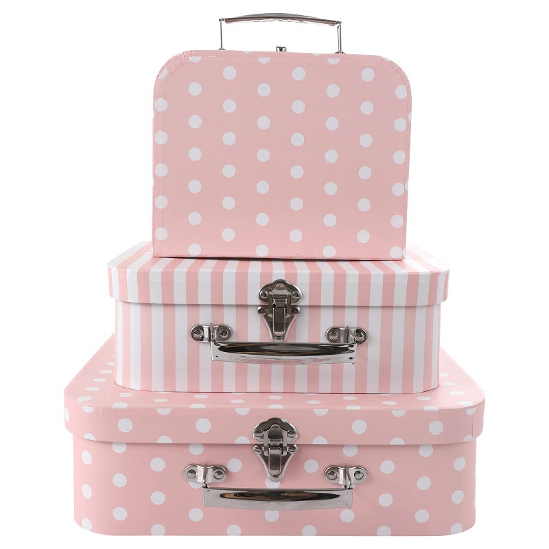 Anndason Set of 3 Paperboard Suitcases Storage Box Storage for Photo Storage Home Decoration Wedding Birthday Anniversary and New Year Gift Decoration 3Pcs Pink Dots and Stripes
