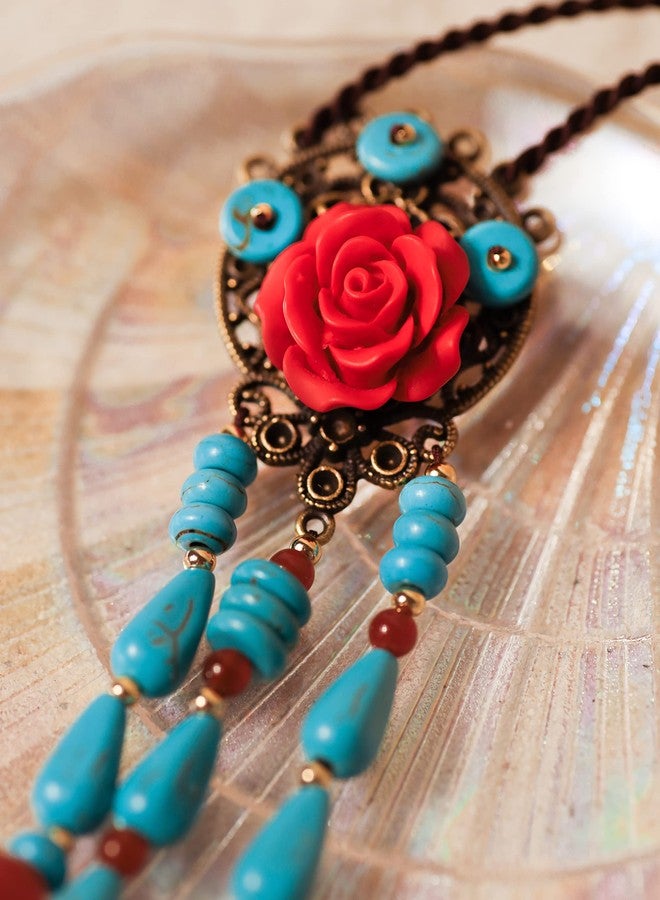 MINACHI Boho Hippie Vintage Created Turquoise Bead Flower Tassel Dreamcatcher Long Necklace for Women, Bohemian Jewelry Gift - Image 3
