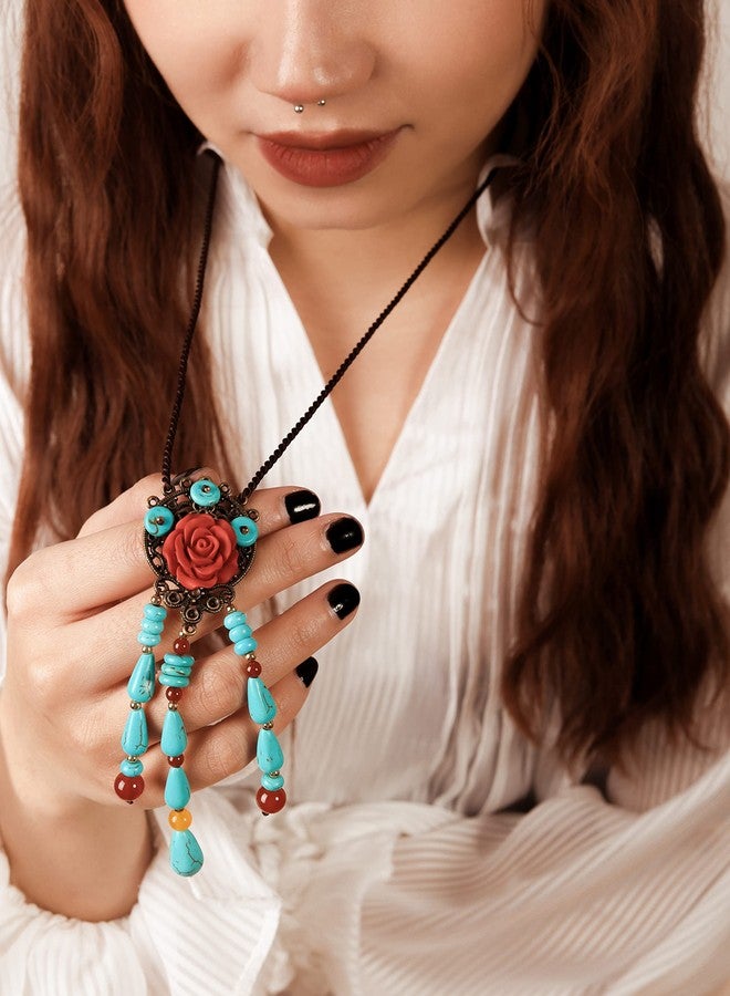 MINACHI Boho Hippie Vintage Created Turquoise Bead Flower Tassel Dreamcatcher Long Necklace for Women, Bohemian Jewelry Gift - Image 5