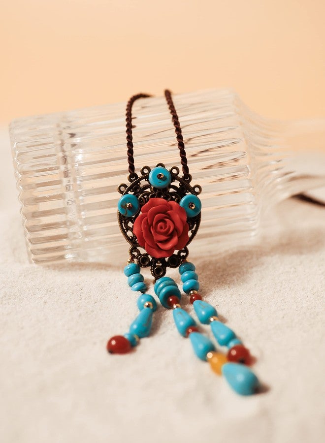 MINACHI Boho Hippie Vintage Created Turquoise Bead Flower Tassel Dreamcatcher Long Necklace for Women, Bohemian Jewelry Gift - Image 4