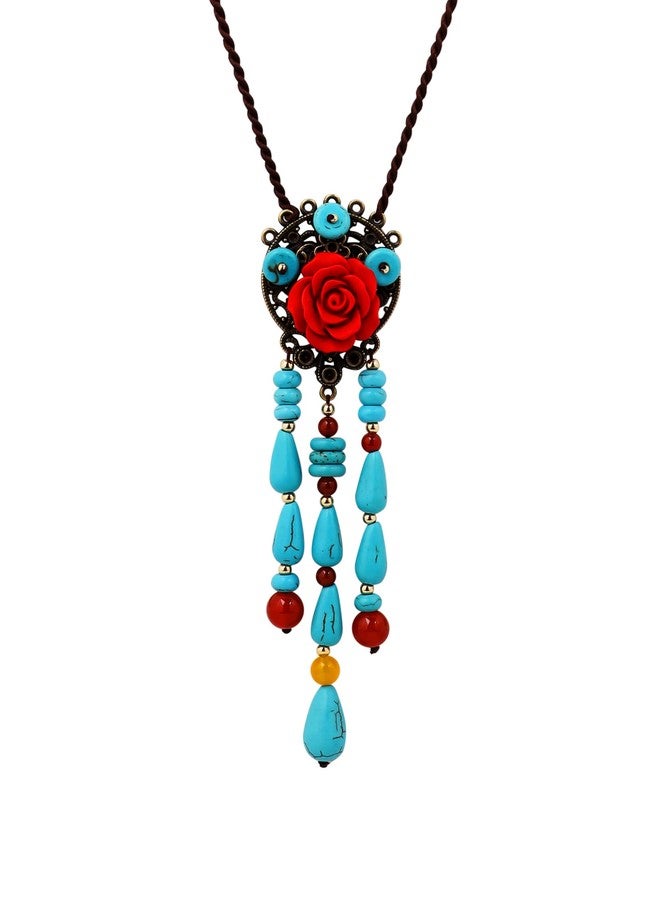 MINACHI Boho Hippie Vintage Created Turquoise Bead Flower Tassel Dreamcatcher Long Necklace for Women, Bohemian Jewelry Gift - Image 1