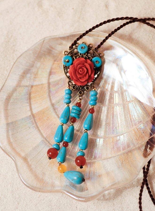 MINACHI Boho Hippie Vintage Created Turquoise Bead Flower Tassel Dreamcatcher Long Necklace for Women, Bohemian Jewelry Gift - Image 2