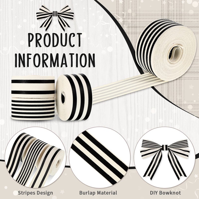 Juinte 3 Rolls 1 Inch x 18 Yards Black White Stripe Ribbon Vintage Striped Fabric Ribbon Natural Cotton Wrapping Accessories for DIY Craft Home Wedding Party Decor, 3 Styles - Image 2